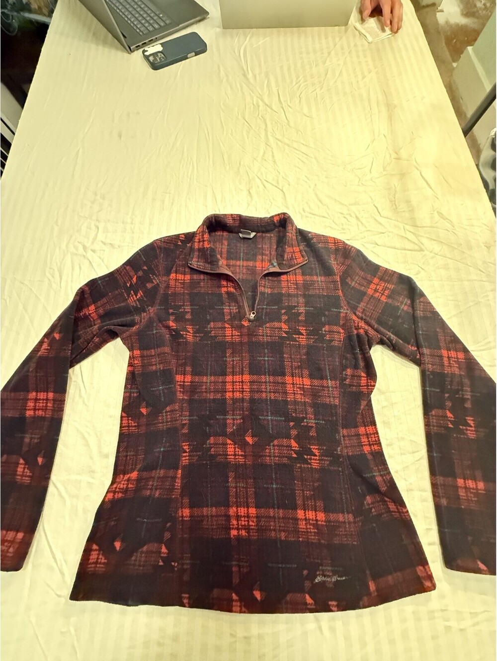 Eddie Bauer Fleece Quarter-Zip Pullover Women's S Red Black Plaid Mock Neck